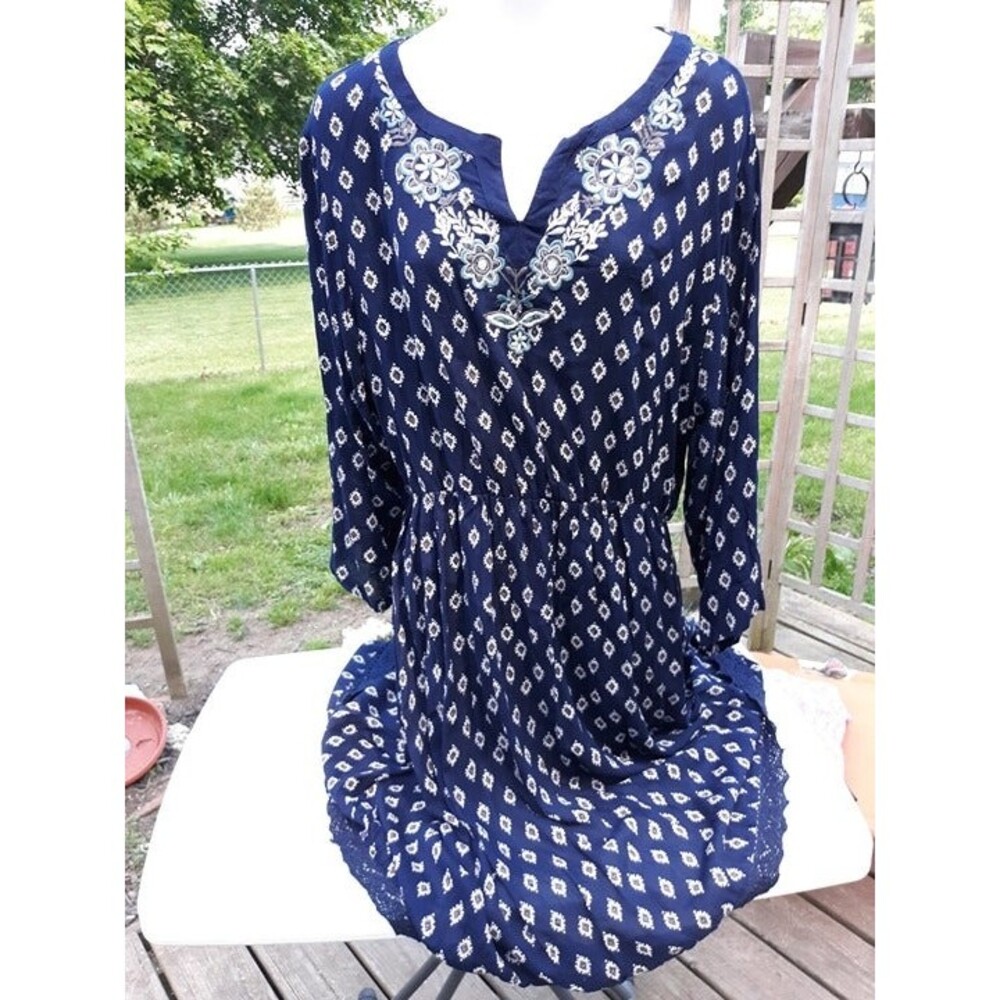 Lola P Navy Print Rayon Boho Emb Elastic Waist dress Sz XL 14-16